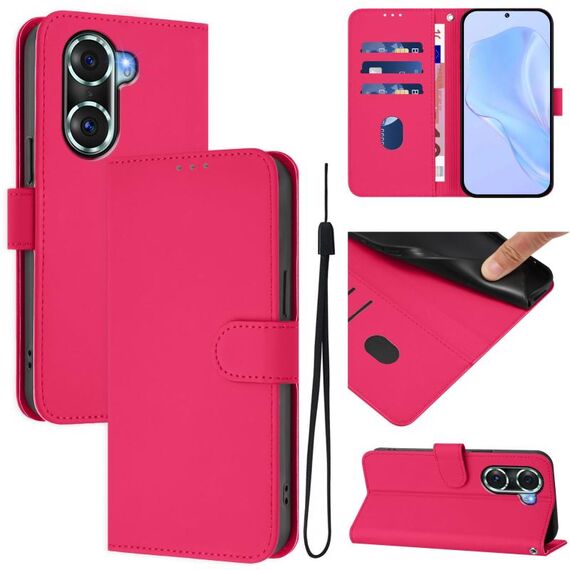 Custodia in pelle tinta unita per Honor 60 Pro con cordino (rosso rosa)