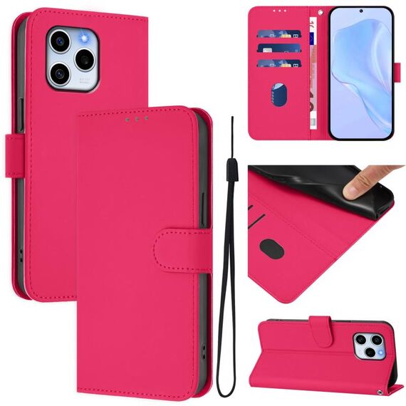 Custodia in pelle tinta unita per Honor 60 SE con cordino (rosso rosa)