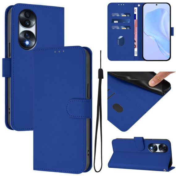 Custodia in pelle tinta unita per Honor 70 Pro con cordino (blu scuro)
