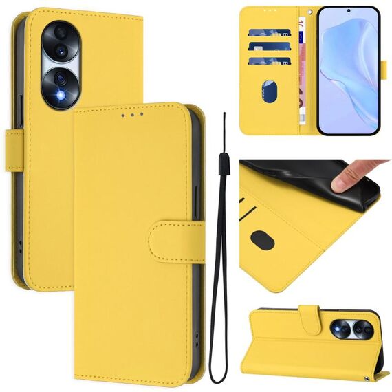Custodia per telefono in pelle tinta unita per Honor 70 Pro con cordino (giallo limone)