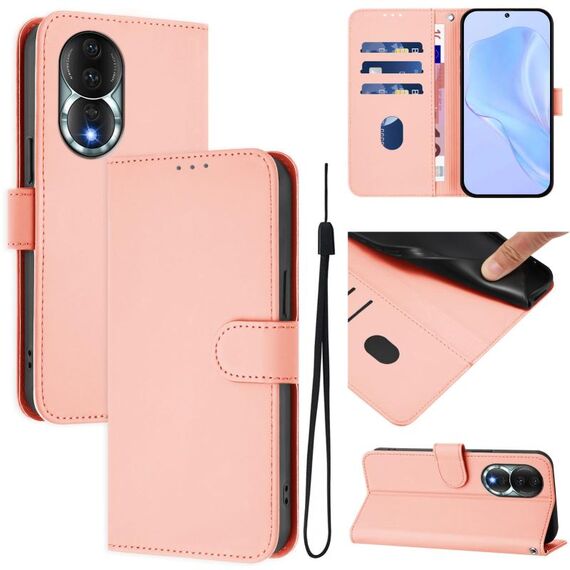 Custodia per telefono in pelle tinta unita per Honor 80 con cordino (rosa)