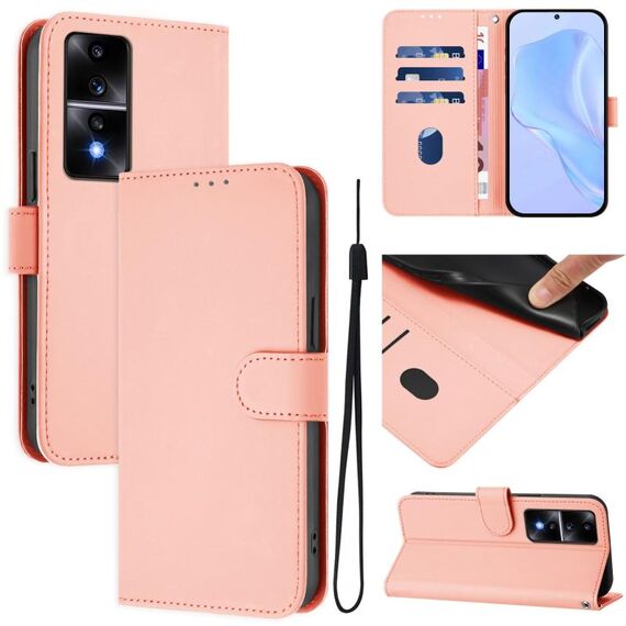 Custodia per telefono in pelle tinta unita per Honor 80 GT Skin Feel con cordino (rosa)