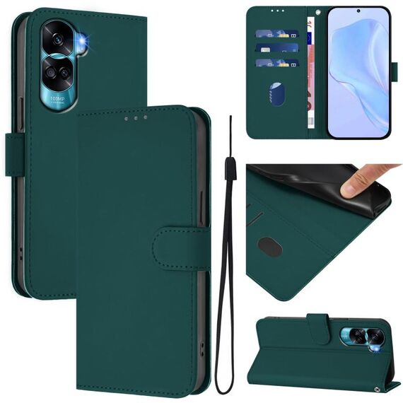Per Honor 90 Lite / X50i Custodia in pelle tinta unita con cordino (verde scuro)