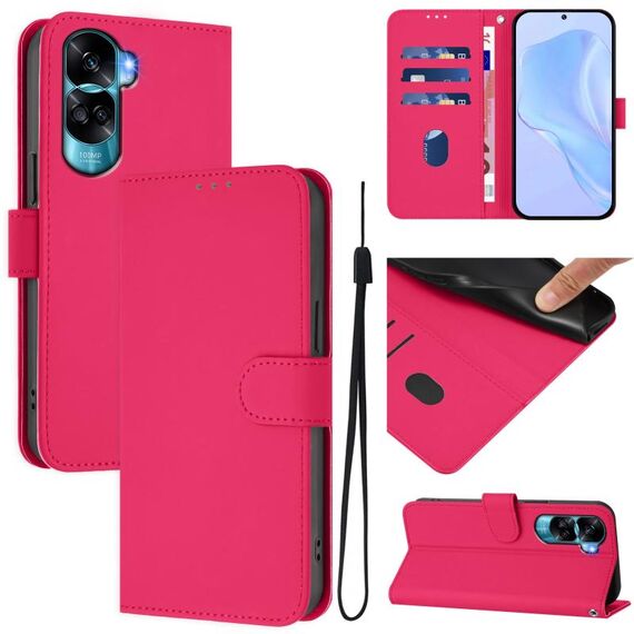 Per Honor 90 Lite / X50i Custodia in pelle tinta unita con cordino (rosso rosa)