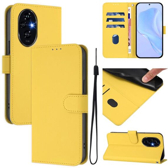 Custodia per telefono in pelle tinta unita per Honor 200 Skin Feel con cordino (giallo limone)