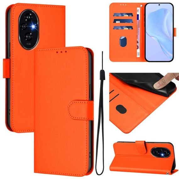 Custodia in pelle tinta unita per Honor 200 Pro con cordino (arancione)