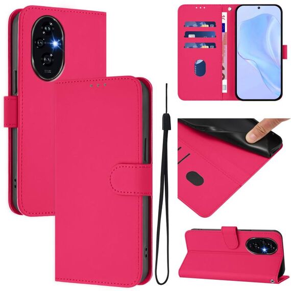 Custodia in pelle tinta unita per Honor 200 Pro con cordino (rosso rosa)