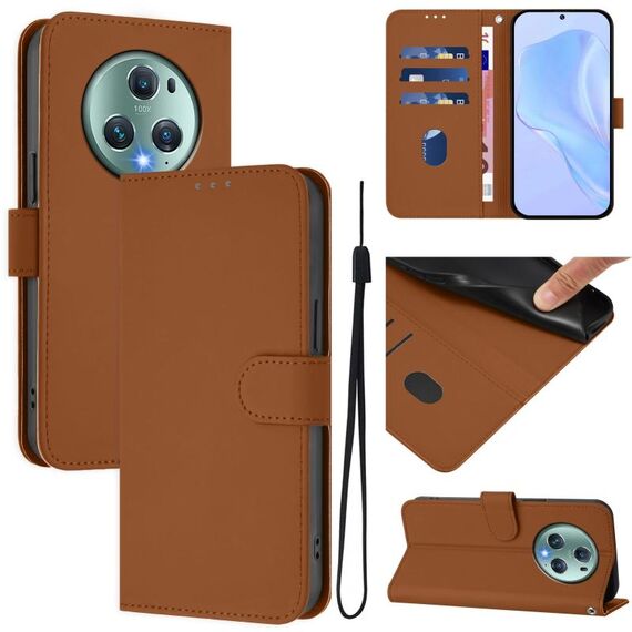 Custodia per telefono in pelle tinta unita per Honor Magic5 Pro con cordino (marrone)