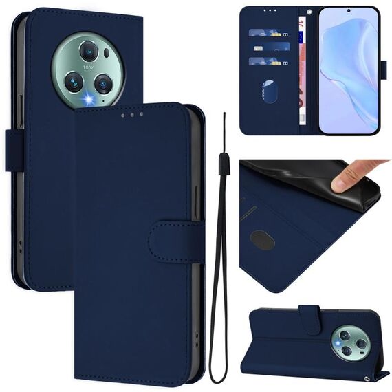 Custodia per telefono in pelle tinta unita per Honor Magic5 Pro con cordino (blu navy)