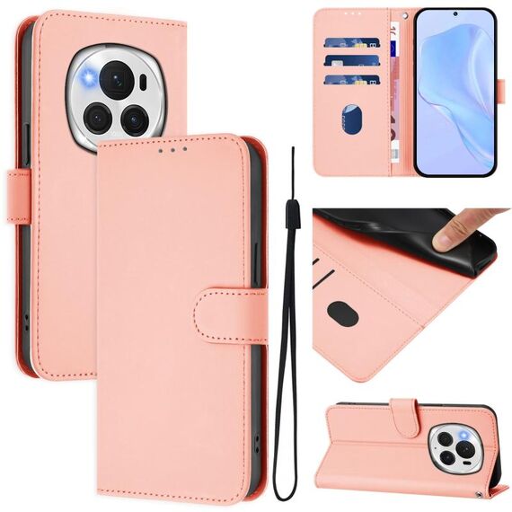 Custodia per telefono in pelle tinta unita per Honor Magic6 Pro con cordino (rosa)