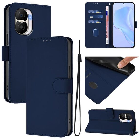 Custodia per telefono in pelle tinta unita per Honor X40i con cordino (blu navy)