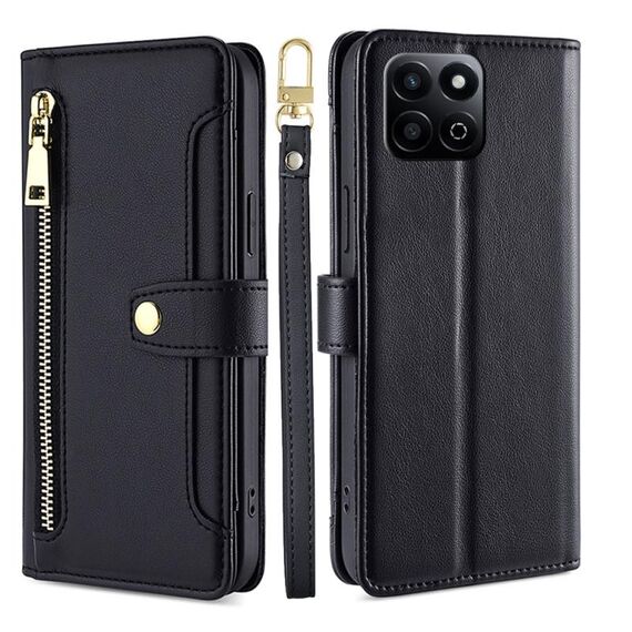 Custodia per telefono in pelle con cerniera e tracolla con texture di pecora per Honor Play 60 Plus (nera)