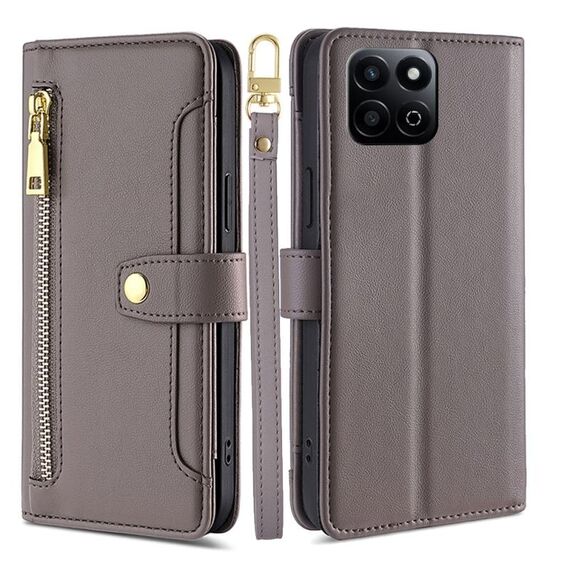 Custodia per telefono in pelle con cerniera a tracolla con texture di pecora per Honor Play 60 Plus (grigio)