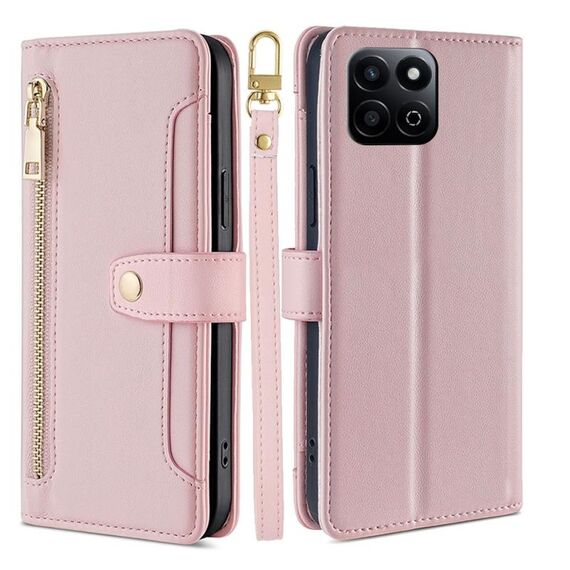 Custodia per telefono in pelle con cerniera a tracolla con texture di pecora per Honor Play 60 Plus (rosa)