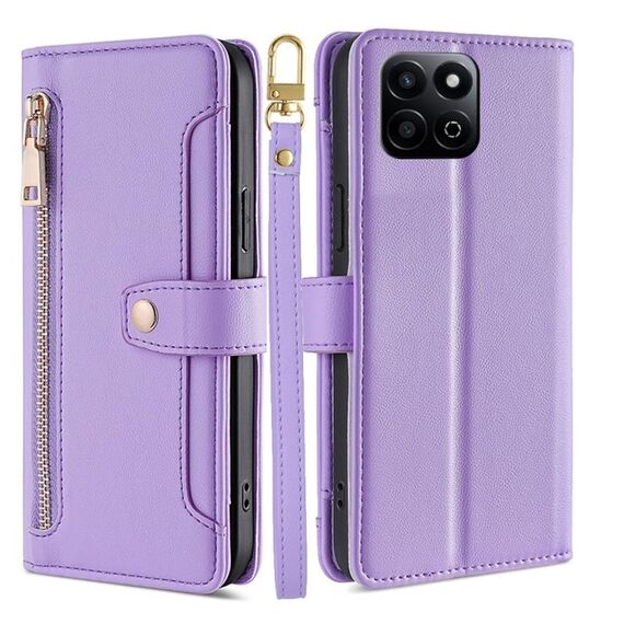 Custodia per telefono in pelle con cerniera a tracolla con texture di pecora per Honor Play 60 Plus (viola)