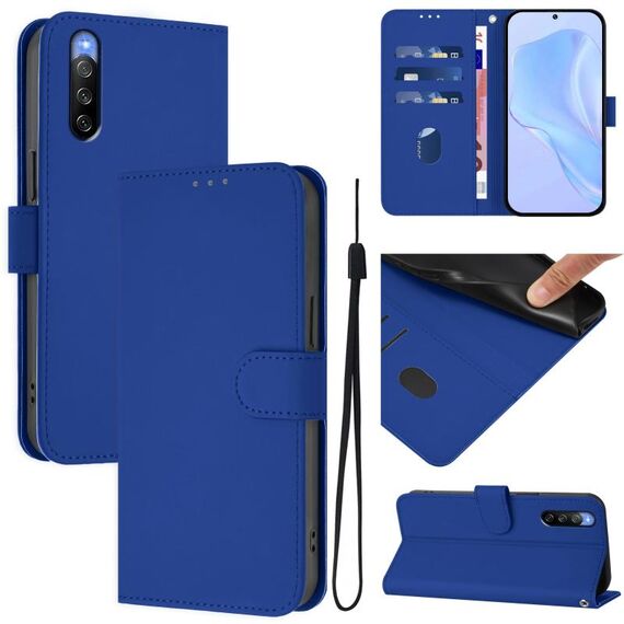 Per Sony Xperia 10 V 2023 Custodia in pelle tinta unita effetto pelle con cordino (blu scuro)