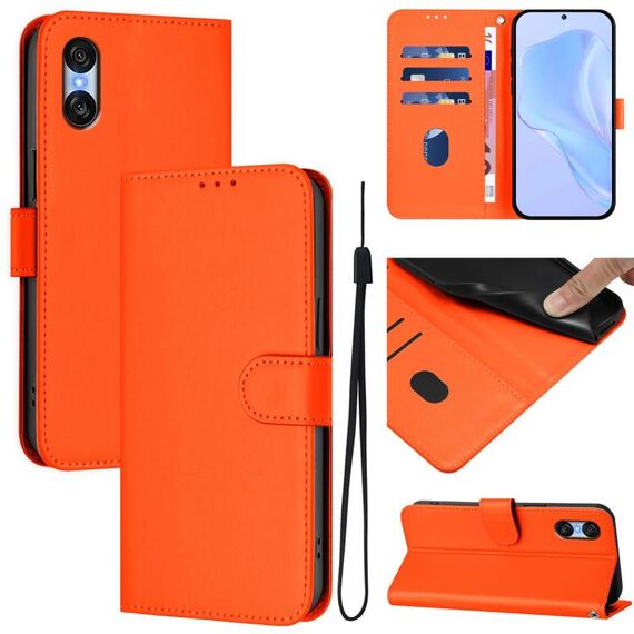 Per Sony Xperia 10 VI 2024 Custodia in pelle tinta unita effetto pelle con cordino (arancione)