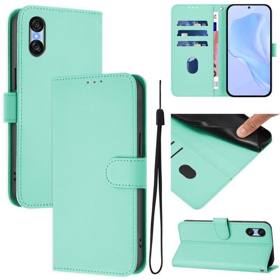 Per Sony Xperia 10 VI 2024 Custodia in pelle tinta unita con cordino (verde menta)
