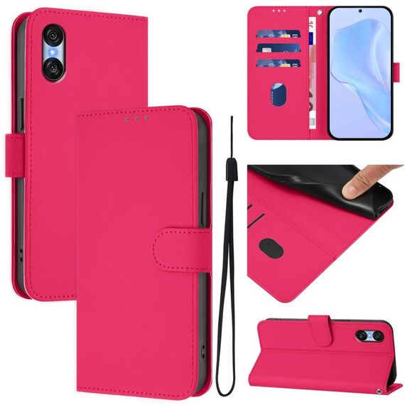 Per Sony Xperia 10 VI 2024 Custodia in pelle tinta unita effetto pelle con cordino (rosso rosa)