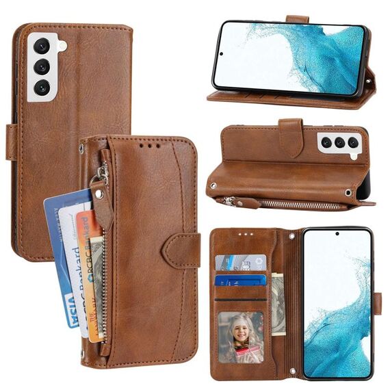 Per Samsung Galaxy S23 5G Custodia per telefono in pelle con cerniera in pelle d'olio (marrone)