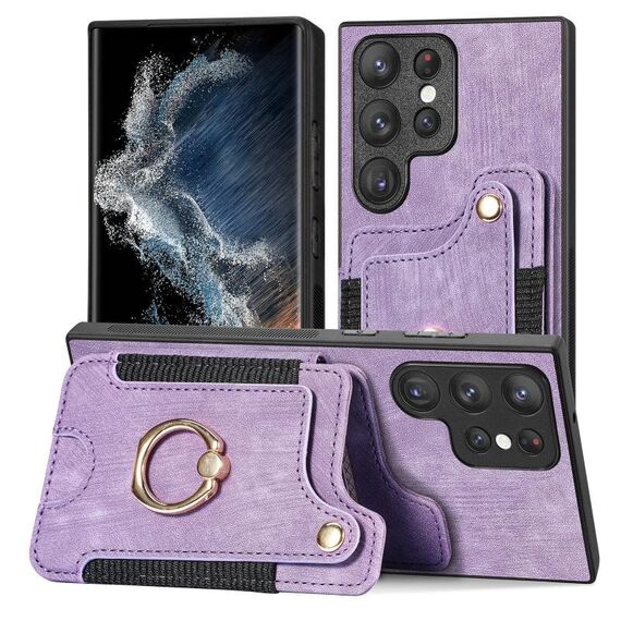 Per Samsung Galaxy S22 Ultra 5G Custodia a portafoglio multi-scheda con anello retro skin-feel (viola)