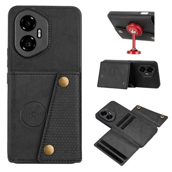 Custodia magnetica per telefono con doppia fibbia e slot per schede per Honor 300 (nera)