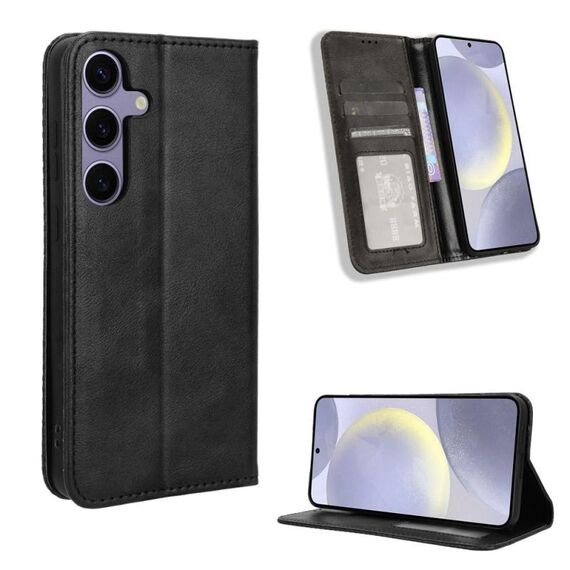 Per Samsung Galaxy S24 FE 5G Custodia per telefono in pelle con fibbia magnetica e texture retrò (nero)