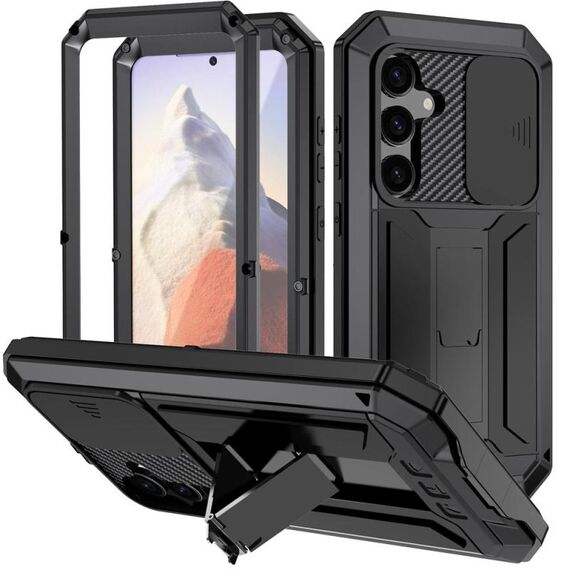 Per Samsung Galaxy S25 5G R-JUST Custodia per telefono con supporto impermeabile per fotocamera scorrevole (nero)