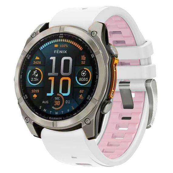Per Garmin Fenix ​​8 AMOLED 43mm Cinturino in silicone con fibbia in acciaio argentato e sgancio rapido (bianco rosa)