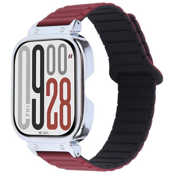 Per Redmi Watch 5 / Watch 4 Cinturino in silicone magnetico a forma di I con montatura in metallo argentato (rosso vino nero)