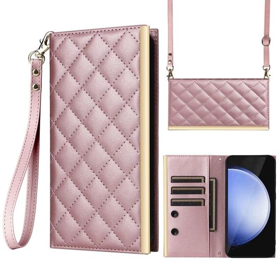 Per Samsung Galaxy S24 FE 5G Crossbody Rhombic Sucker Custodia in Pelle per Telefono (Oro Rosa)