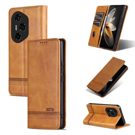 Custodia per telefono in pelle di vitello con texture magnetica per Honor 300 Ultra AZNS (marrone chiaro)