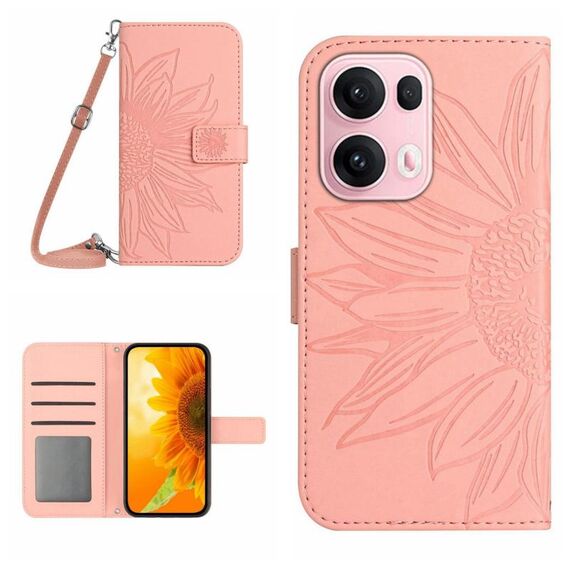 Per OPPO Reno13 Pro Custodia per telefono in pelle con stampa a fiore di sole e cordino (rosa)