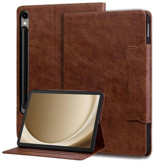 Per Samsung Galaxy Tab S10 FE+ Custodia per tablet in pelle con fibbia a forma di gatto (marrone)