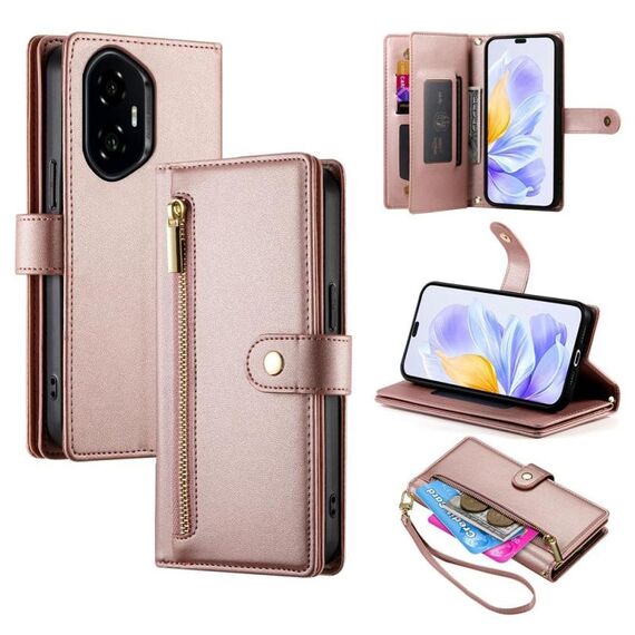 Per Honor 300 Pro / 300 Ultra Nine Card-slot Zipper Wallet Bag Custodia in pelle per telefono (rosa)