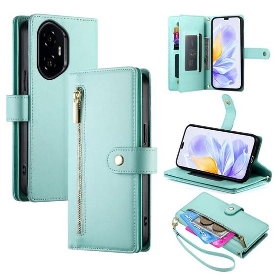 Per Honor 300 Pro / 300 Ultra Nine Card-slot Zipper Wallet Bag Custodia in pelle per telefono (verde menta)
