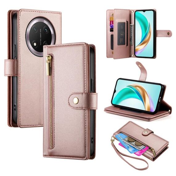 Per Honor X9c Global / Magic7 Lite Custodia in pelle con cerniera e nove slot per schede (rosa)