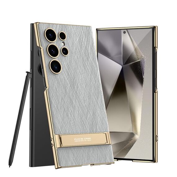 Per Samsung Galaxy S24 Ultra 5G GKK Triumph Custodia per telefono in pelle broccato argento ultra sottile con supporto (grigio broccato argento)