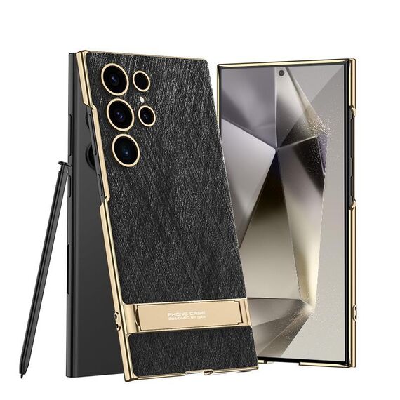 Per Samsung Galaxy S24 Ultra 5G GKK Triumph Custodia per telefono in pelle broccata argento ultra sottile con supporto (broccato argento nero)