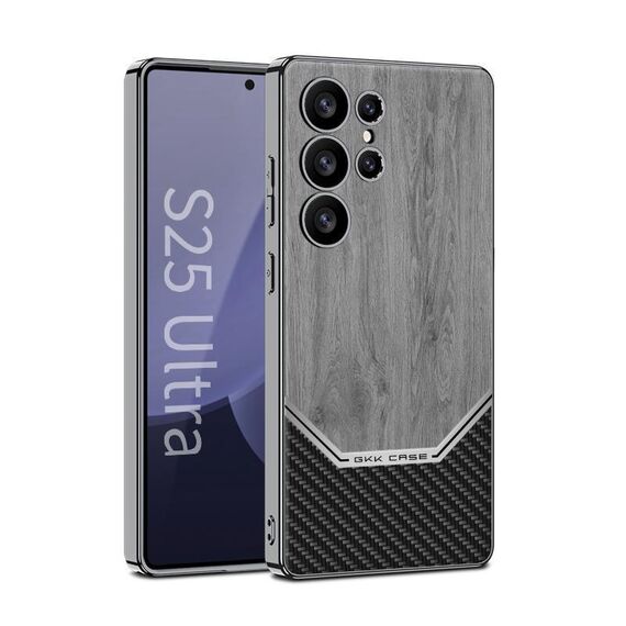 Per Samsung Galaxy S25 Ultra 5G GKK Plating Custodia per telefono con copertura completa in pelle e texture in legno (grigio)