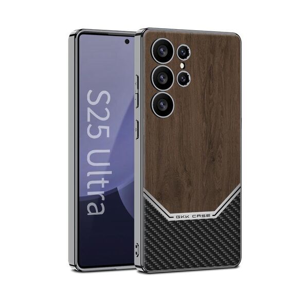 Per Samsung Galaxy S25 Ultra 5G GKK Plating Custodia per telefono con copertura completa in pelle e texture in legno (marrone)