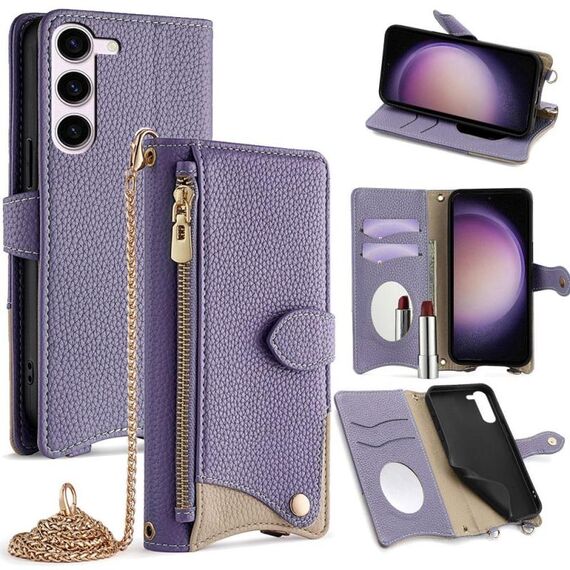 Per Samsung Galaxy S23 5G Custodia a tracolla in pelle Litchi a coda di pesce con catena a tracolla (viola)
