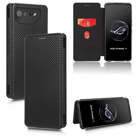 Per ASUS ROG Phone 7 Custodia per cellulare in pelle con struttura in fibra di carbonio (nero)