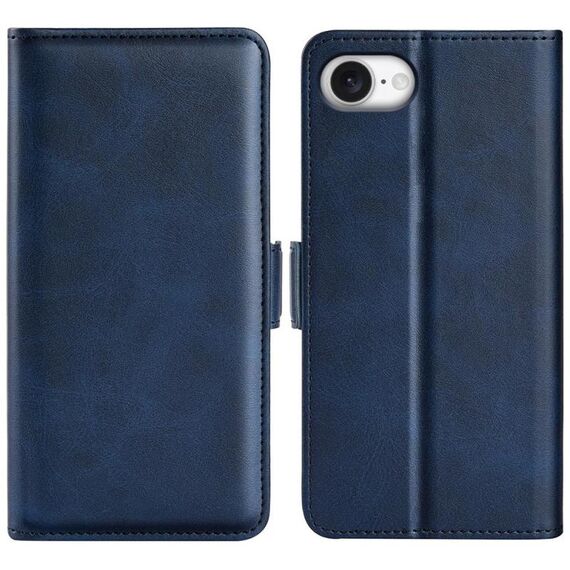 Per iPhone 16e Custodia in pelle con chiusura magnetica orizzontale a doppio lato (blu scuro)