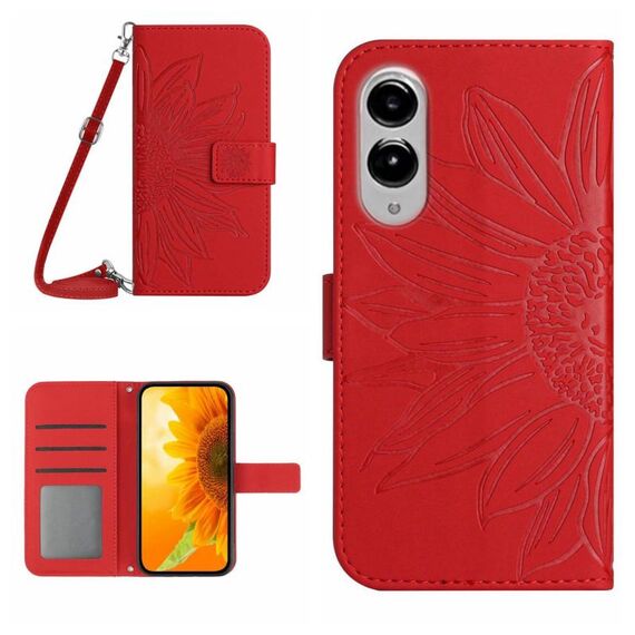 Per Samsung Galaxy S25 Edge 5G Custodia in pelle con stampa a fiore di sole e cordino (rosso)