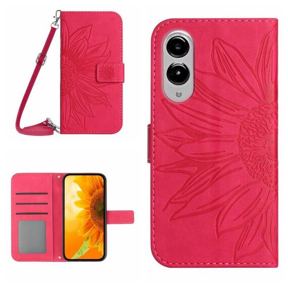Per Samsung Galaxy S25 Edge 5G Custodia in pelle con stampa a fiore di sole e cordino (rosso rosa)