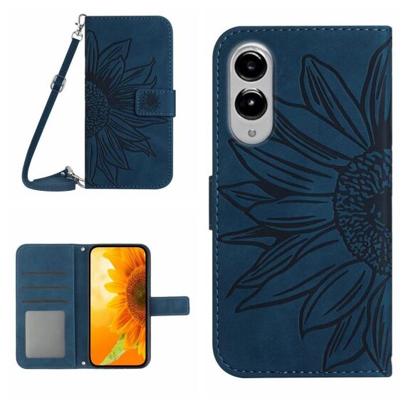 Per Samsung Galaxy S25 Edge 5G Custodia in pelle con stampa a fiore di sole e cordino (blu inchiostro)