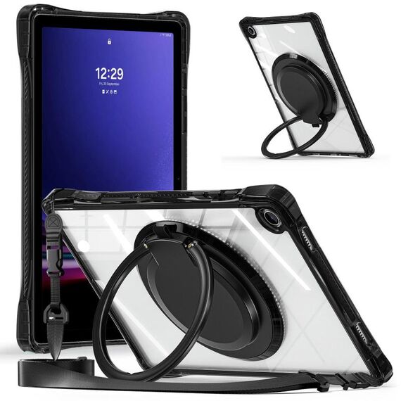 Per Samsung Galaxy Tab A9+ Custodia per tablet PC ibrida trasparente in TPU con maniglia ad anello rotante (nero)