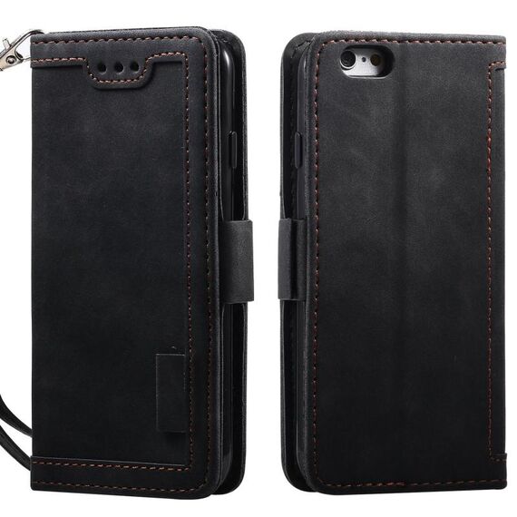 Per iPhone 16e Custodia in pelle con chiusura a scatto orizzontale e retro splicing (nero)