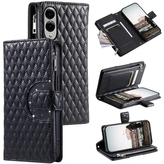 Per Samsung Galaxy S25 Edge 5G Custodia per telefono in pelle con cerniera a reticolo glitterato (nero)